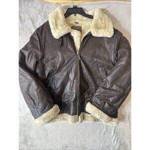 St Johns Bay XL Faux Shearling Lined Leather Jacket Brown Aviator Bomber Coat